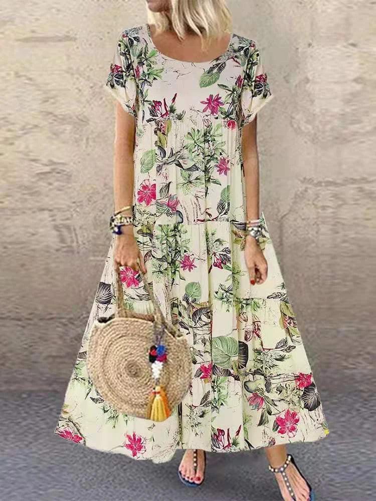 Vintage Floral Print Long Dress Summer Short Sleeve O Neck Oversized Boho Dress Women Cotton and Linen Maxi Sundress Beach Party - CRAVO ROSE