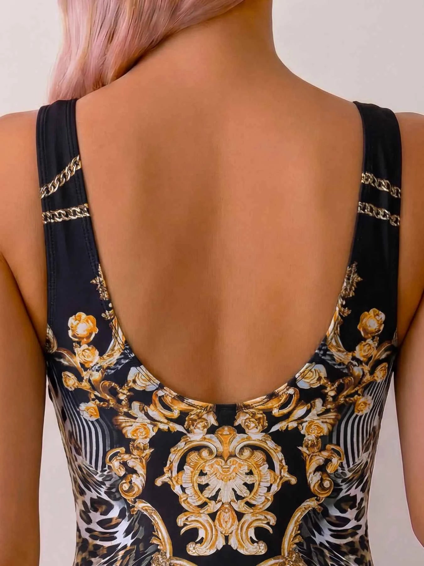 Women Luxury Black Gold Baroque Print One Piece Swimsuit U Neck Wide Strap Open Back Monokini High Cut Bathing Suit Vintage Eleg