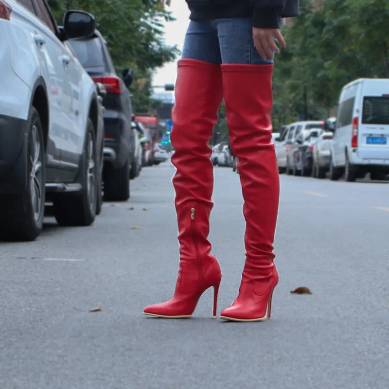 Novas botas acima do joelho femininas, salto alto fino, botas elásticas da moda feminina, tamanho grande 46 47, botas femininas