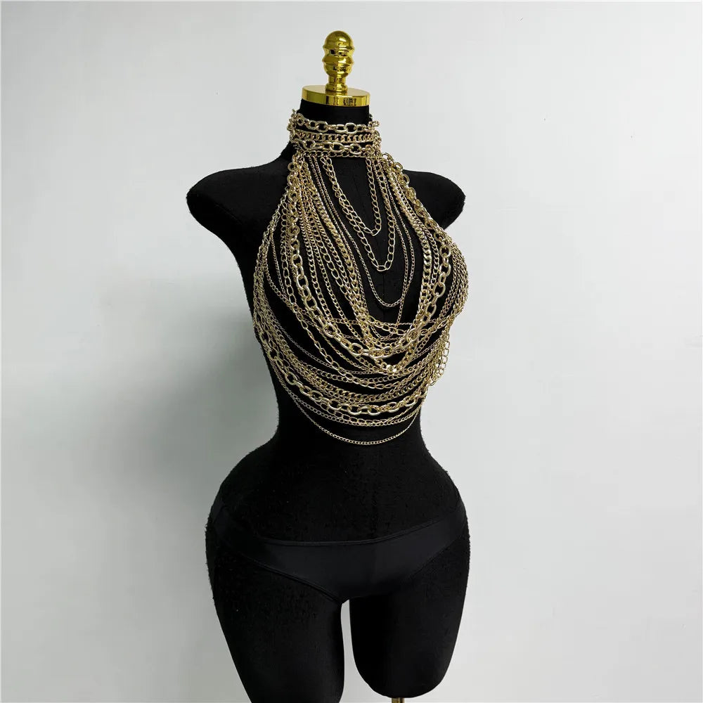 Silver Metal Chain Halter Top Sexy Layered Body Chain Vest Women Festival Rave Party Clubwear Lingerie Jewelry Accessory