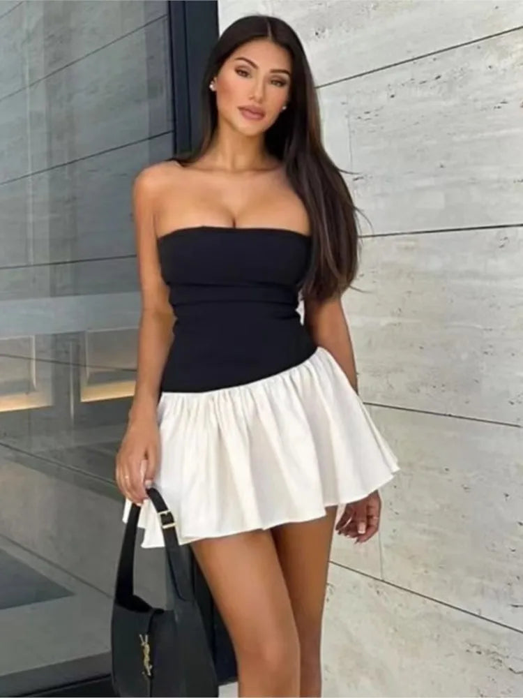 Slim Folds Tube Top Mini Dresses For Women Bodycon Backless Contrasting Colors Dresses Summer Sexy Off Shoulder Elegant Vestidos