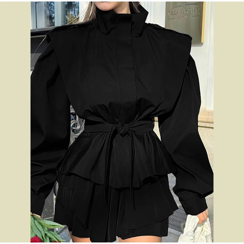 Fashion Stand Collar Belted Waist Short Jacket For Women Casual Puff Sleeve Wide Shoulder Coat Lady 2026 Chic Street Outerwear