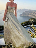 2024 Sexy Twist Strapless Hollow Out Long Dress Women Boho Elegant Bronzing Evening Dress Fashion Sleeveless A-Line Party Dress