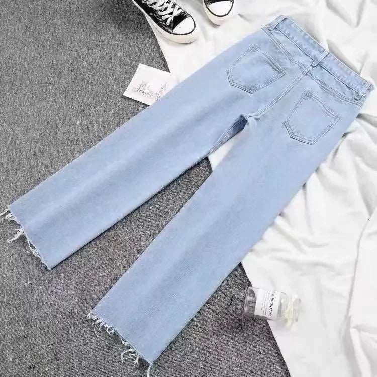 Calça jeans feminina estilo coreano, cintura alta, folgada, reta, com franjas drapeadas, para emagrecimento