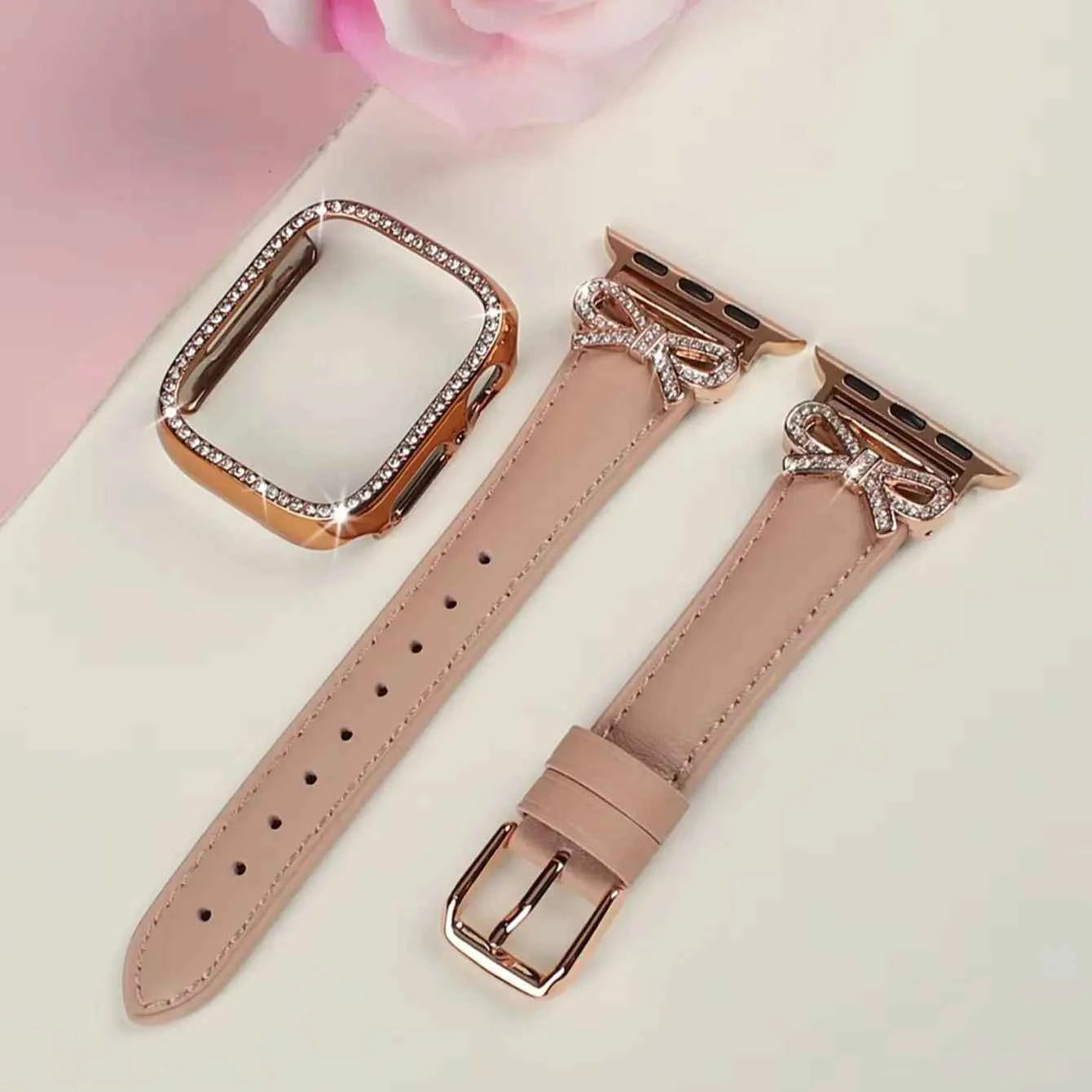 Bow strap+Diamond case for Apple Watch 40/41/42/44/45/46/49 For Fashion+Elegant Women's iWatch series11 10 987 654 accessories