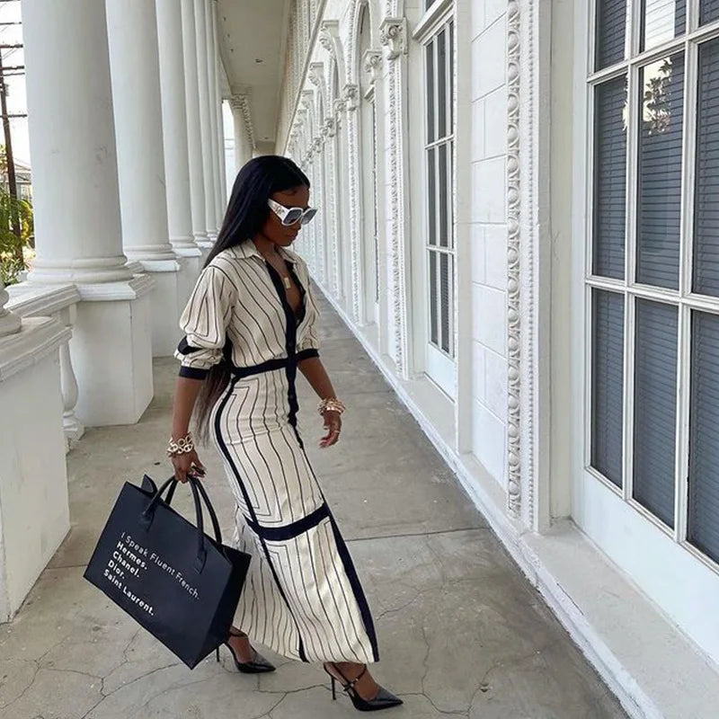 New Fashion Shirt Long Dress Women's Turn Down Button Elegant Office Lady Long Sleeve Dresses Women Casual Striped Maxi Dress