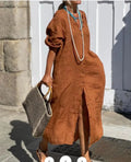 Vestido longo de algodão e linho, camisa com botões e decote em V, vestidos brancos, nova moda feminina, roupas elegantes e soltas