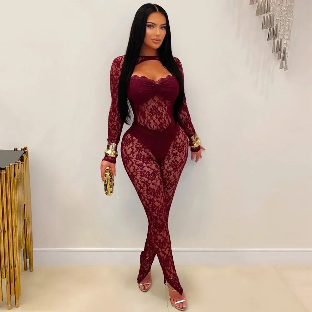 FLARORA Sexy Lace Hollow See Through Jumpsuits Woman O Neck Full Sleeve Peach Hip Slim Jumpsuit Midnight Party Clubwear Overalls