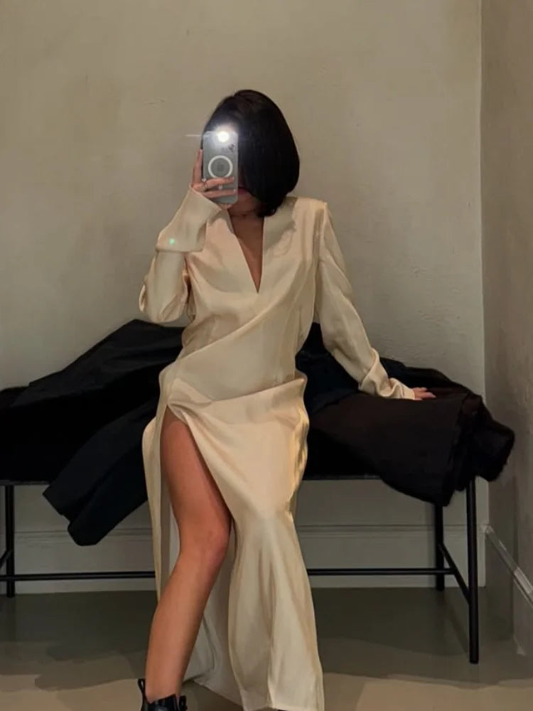 Fashion Solid Shiny Laser Color Splicing Long Dress Chic V Neck Full Sleeves Split Maxi Dresses Spring Women New Party Vestidos