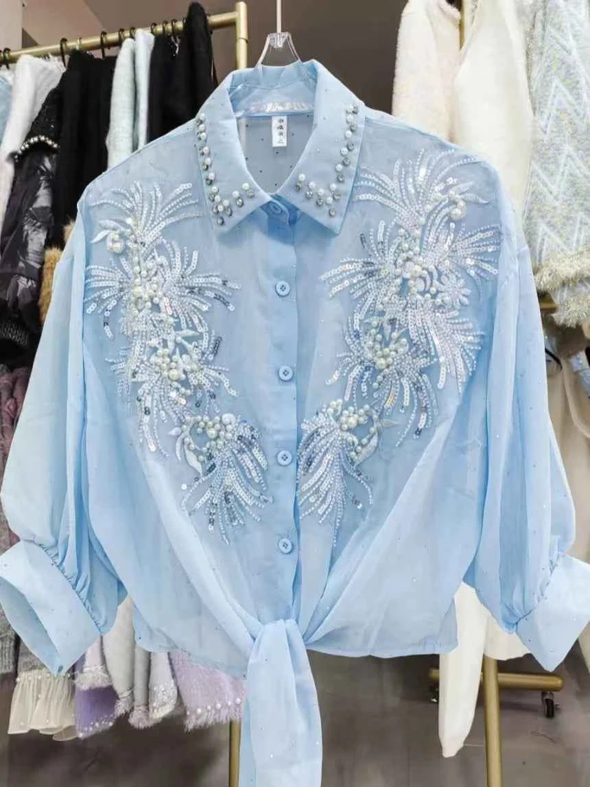 High-end Sequines Pearls Beaded Stitch Sunscreen Blouses Shirts for Women Cardigans Spring Summer Top Korean Popular Clothes