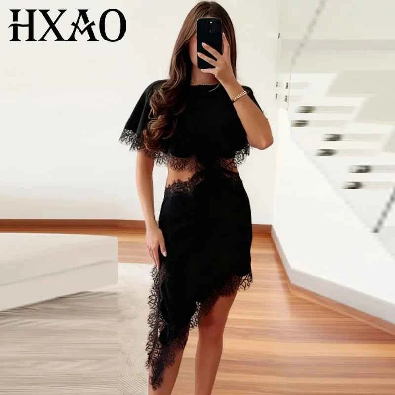 HXAO Cut Out Black Dress Woman Asymmetrical Lace Midi Dress Cape Sleeve Elegant Party Dresses Women Sexy Luxury Cocktail Dress