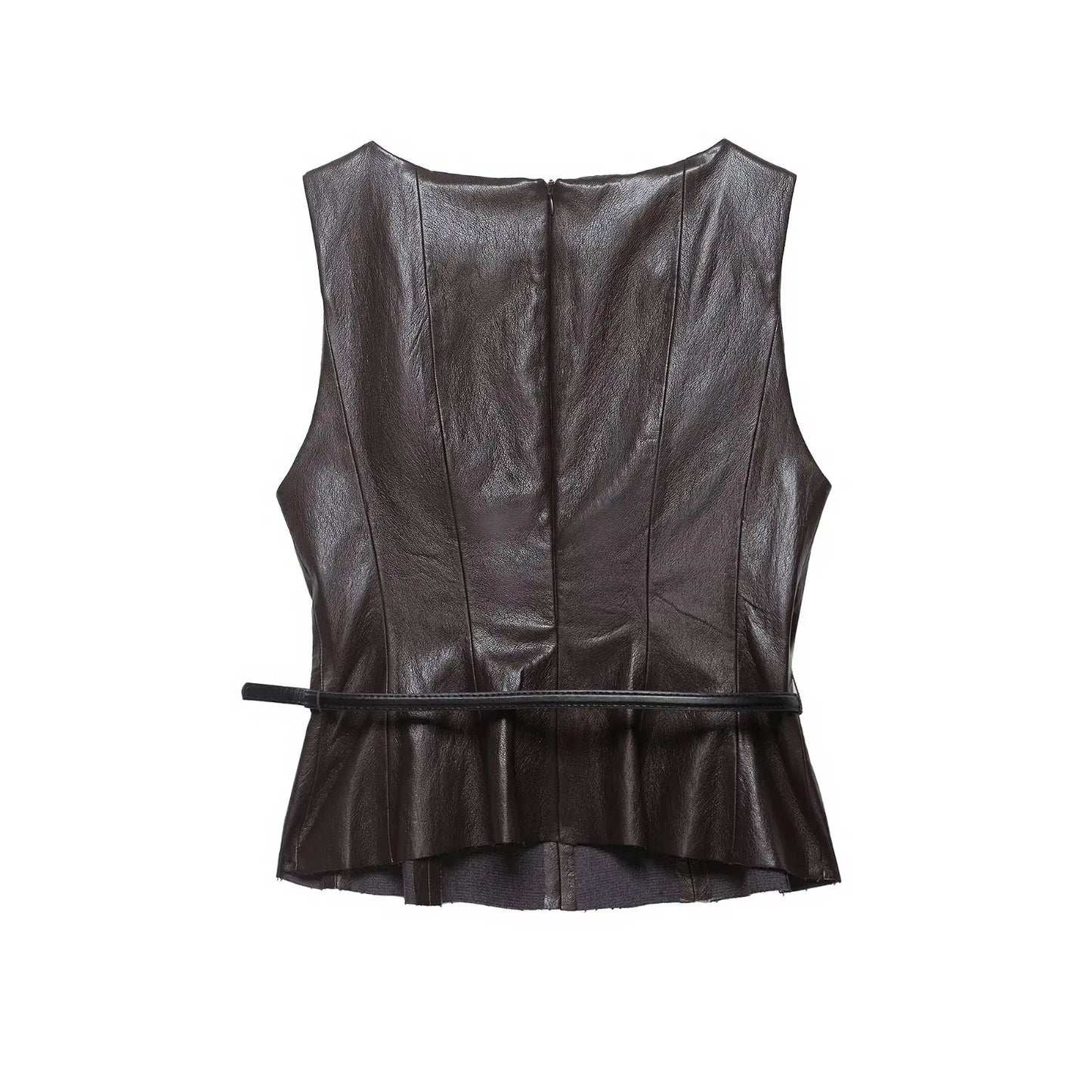 HH Vintage Women's Leather Suits 2026 Spring Summer Round Neck Belted Vest Top+Front Split Long Skirts Female Two-Piece Set
