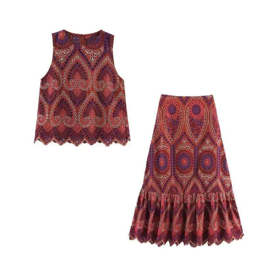 Women’s Summer Exotic Style Sleeveless Set Symmetric Pattern Ruffle Top Matching Pleated Skirt Comfortable Outfit Limited Stock