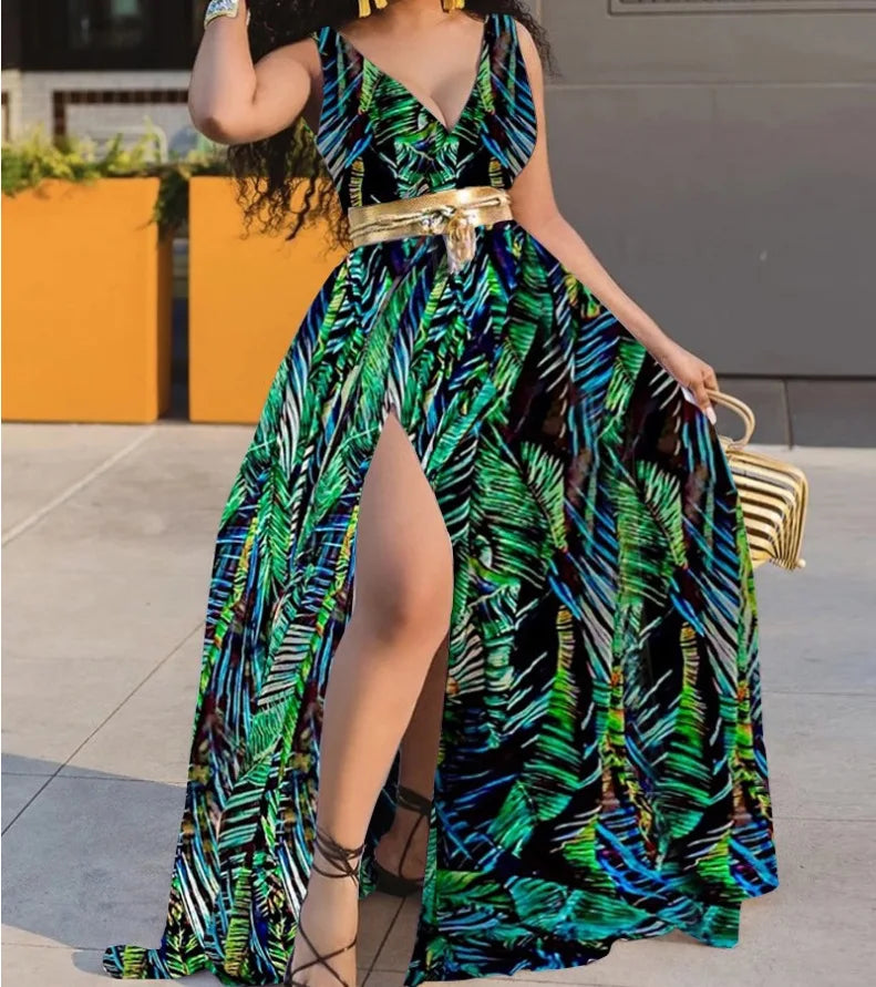 Sexy Deep V Neck Polka Dot Long Dress For Women Summer Boho Sleeveless Slim Print Side Slit Party Maxi Dresses Robe Femme