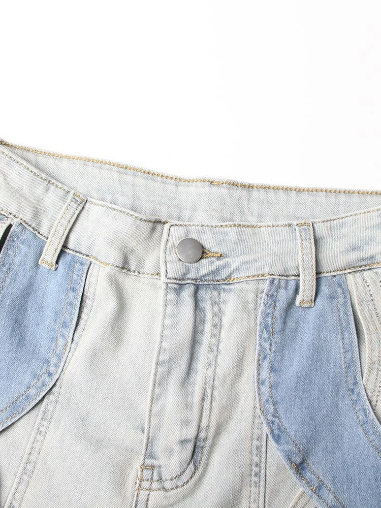 Calça jeans feminina VGH Crisscross Hit Color Streetwear cintura alta patchwork bolsos vazados calças femininas