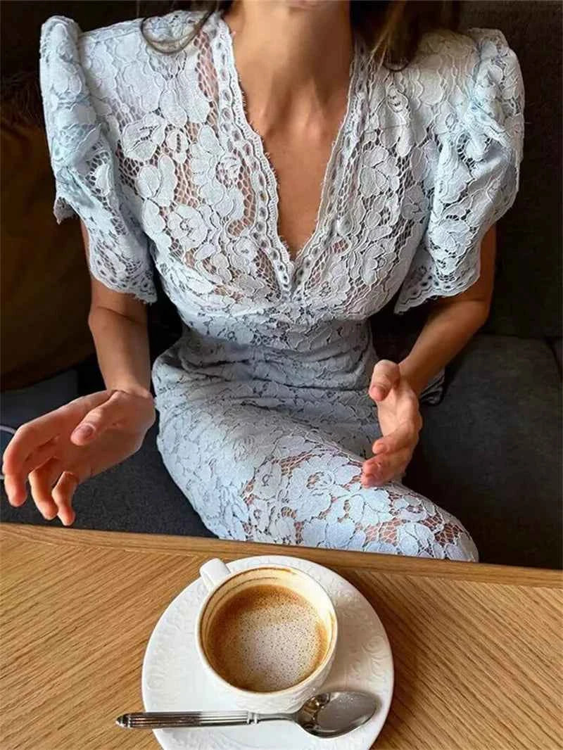 Women's Dress 2026 Summer New Solid Color Short Sleeve V-neck Lace Waistband Long Dress Elegant and Stylish Fashionable