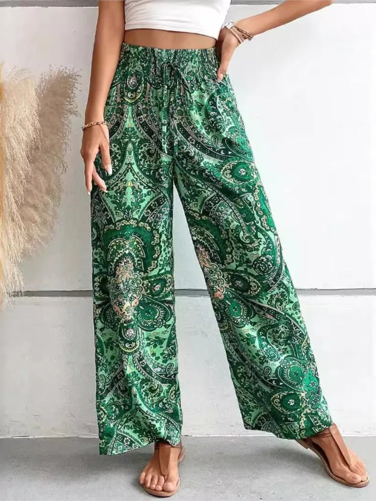 Calças de cintura alta com estampa da moda, pernas largas, primavera-verão, roupas femininas, calças casuais soltas, faixas elásticas, estilo boho, calças de praia
