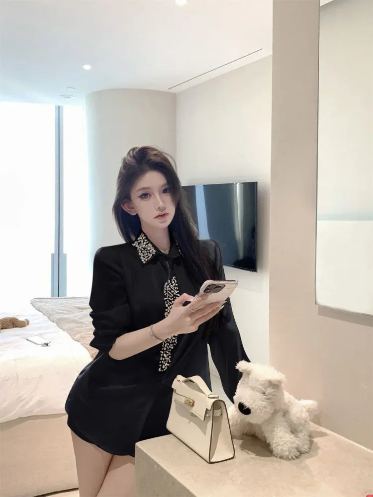 Camisas de cetim com gravata diamantes para mulheres, blusas soltas de manga comprida com lapela e lapela, elegantes francesas, para combinar com todas as mulheres, primavera 2025