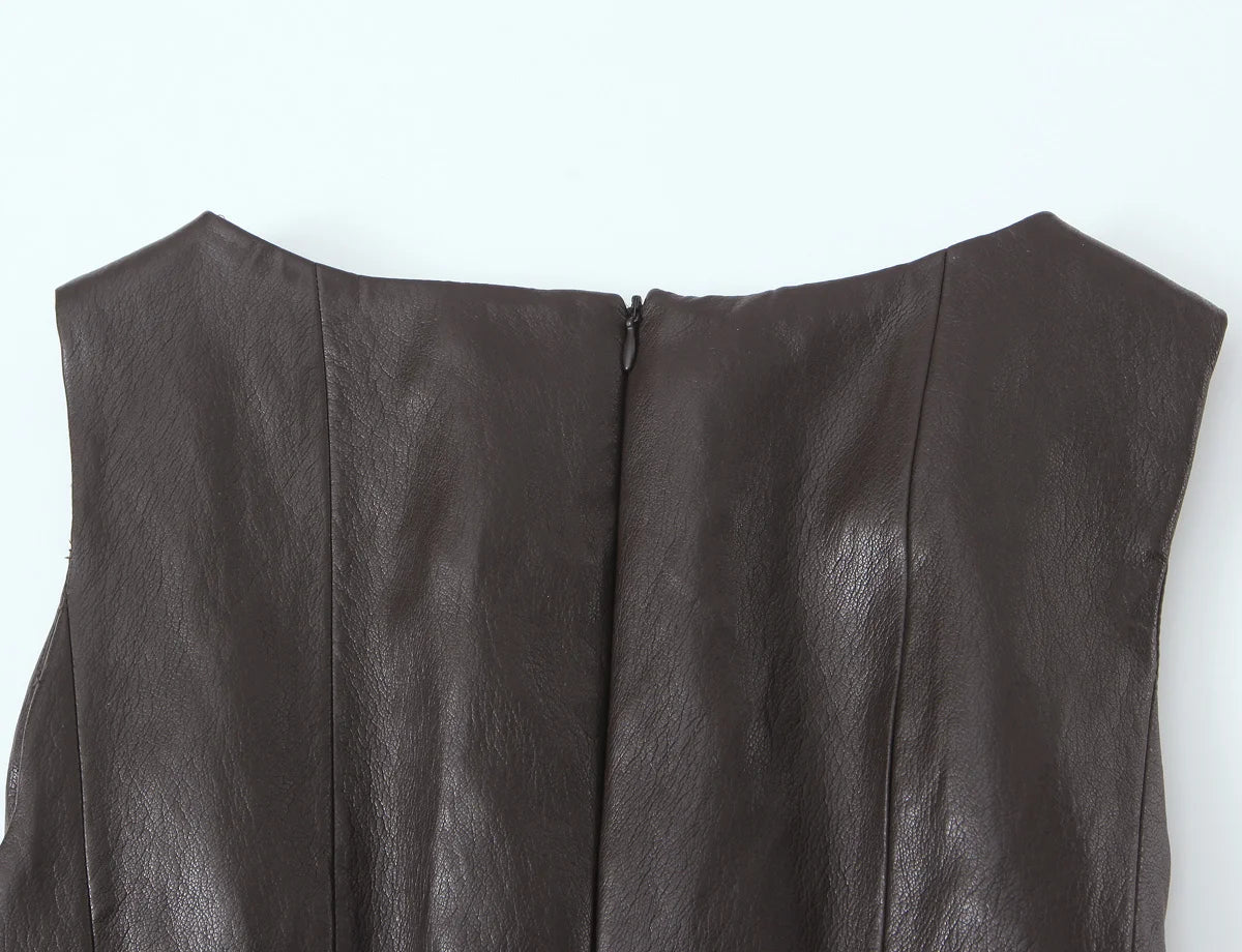 NLZGMSJ Vintage Faux Leather Casual Women Solid Suit O-Neck Zipper Belt Vest Zipper Long Straight Skirt Fashion 2026 Spring Sets