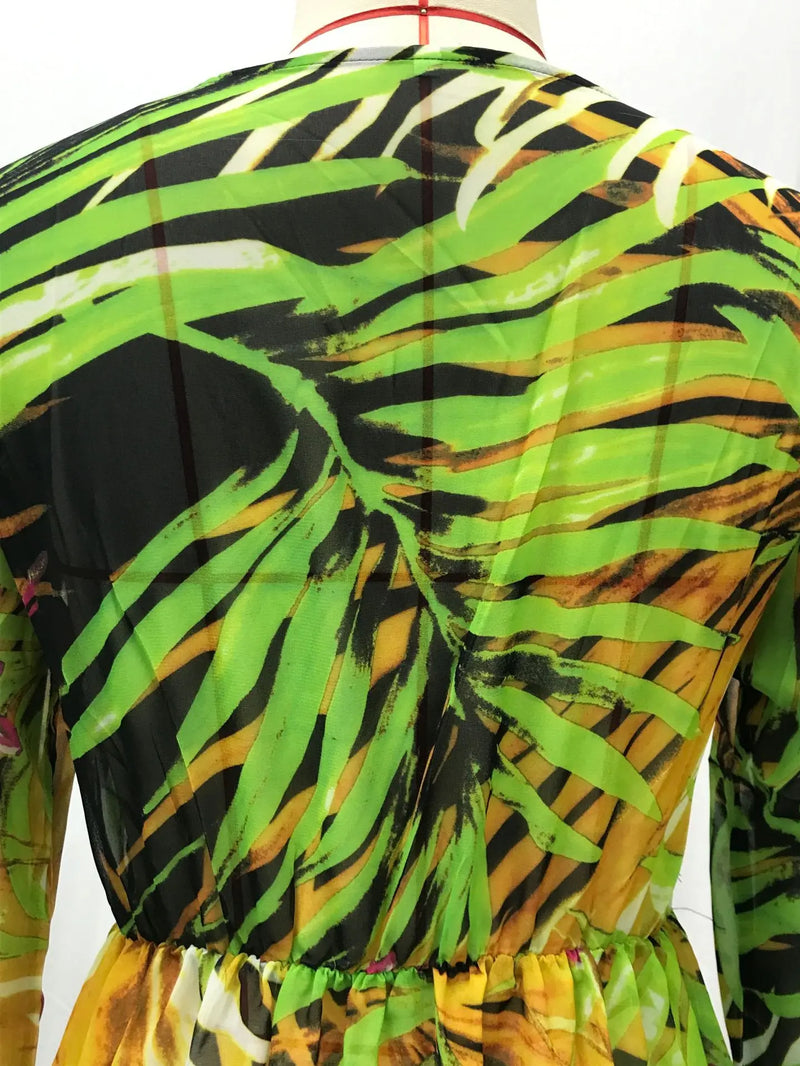 Women's 2024 Autumn New Lantern Sleeves Sexy Deep V Fashion Printed Dress Green Leaf Strap Waist Ankle Long Dress