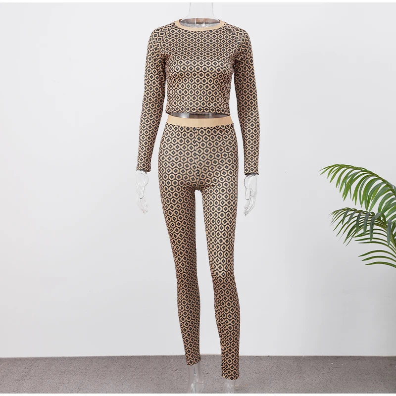 Conjunto de calças femininas elásticas, elegantes, com estampa slim fit, gola redonda, manga comprida, top curto, 2025, novas roupas femininas para primavera