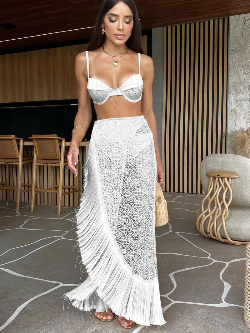 Fashion Sexy Solid Three Piece Bikini Set Padded Bra Tassel High Waist Beach Skirt Swimwear Summer Beach Holiday  Bathing Suit