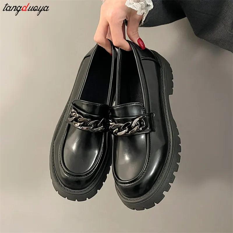 Chunky Heel Platform Metal Chain loafers Women Pumps Black round toe small leather shoes Female Casual Retro JK Uniform shoes - CRAVO ROSE