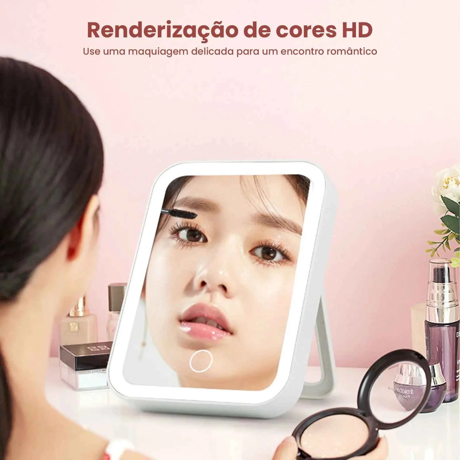 Espelho de Beleza com Lupa e Luz LED, 3 Painéis, Iluminação Ajustável, Base Antiderrapante para Bolsa e Viagem