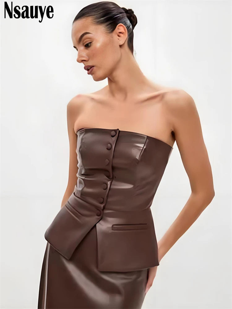 Pulôver Nsauye feminino, de um botão, sexy, sem alças, colete de couro, mini regata justa, moda verão 2025