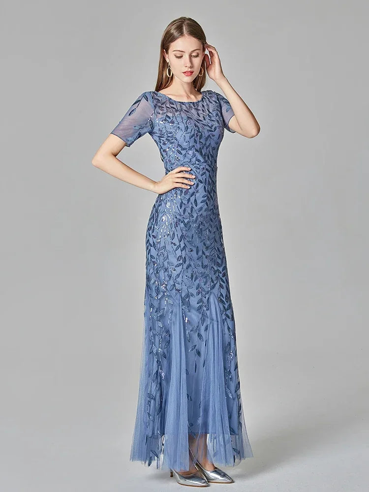 Plus Size Women's Evening Dress Fishtail Short Sleeve Lace Appliqué Tulle Stitching Personalized Design Long Party Evening Dress