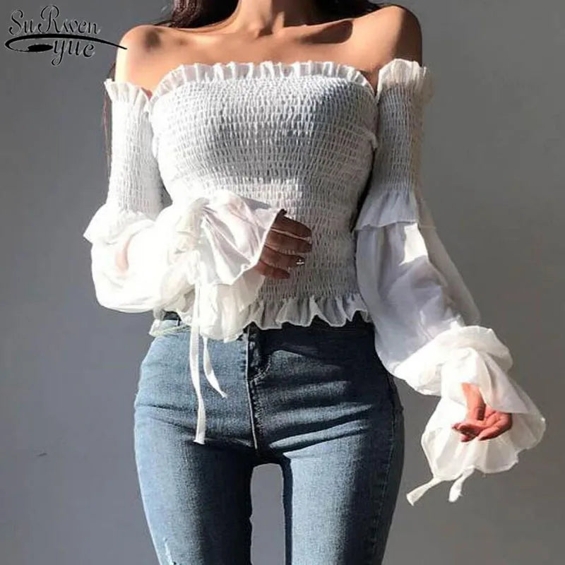 Blusa feminina sexy com decote em V, transparente, estilo boho, de malha, com babados, manga larga, elegante, peplum, com babados, blusa feminina 13459