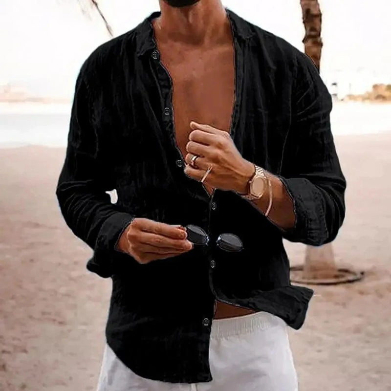 Camisa masculina de lapela simples, algodão, linho, respirável, manga comprida, fina, cor sólida, camisa casual
