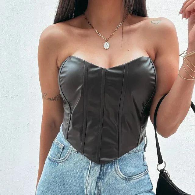 Cropped Corselet Synthetic Leather Corset Boring Women's Back Blouse - CRAVO ROSE