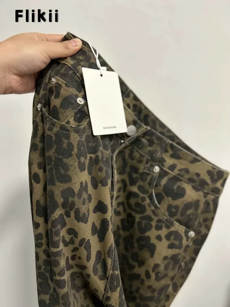 Calça jeans feminina americana retrô com estampa de leopardo, cintura alta, larga, casual, com bolsos, hip-hop, primavera/verão 2000, calça jeans pantera grande