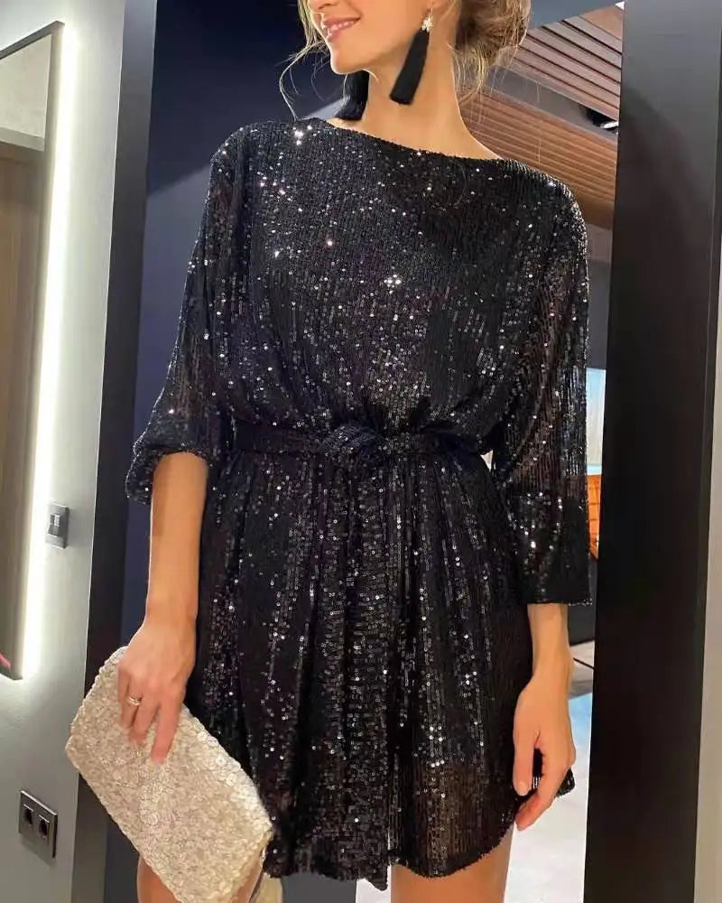 Fashion sequined Pearl color waist dress evening dress skirt women's dress