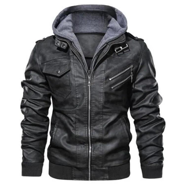 Nova Moda Masculina Street Wear Motocicleta Jaquetas de Couro Chapéu Destacável Homens Jaquetas de Couro Com Capuz Slim Casual Casacos de Couro 5XL - CRAVO ROSE