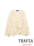 TRAFZA Vintage Chic Solid Women Blouse Tierred V-Neck Long Sleeve Single Breasted Loose Blouse Fashion 2025 Spring Summer Shirts