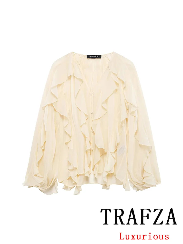 TRAFZA Vintage Chic Solid Women Blouse Tierred V-Neck Long Sleeve Single Breasted Loose Blouse Fashion 2025 Spring Summer Shirts
