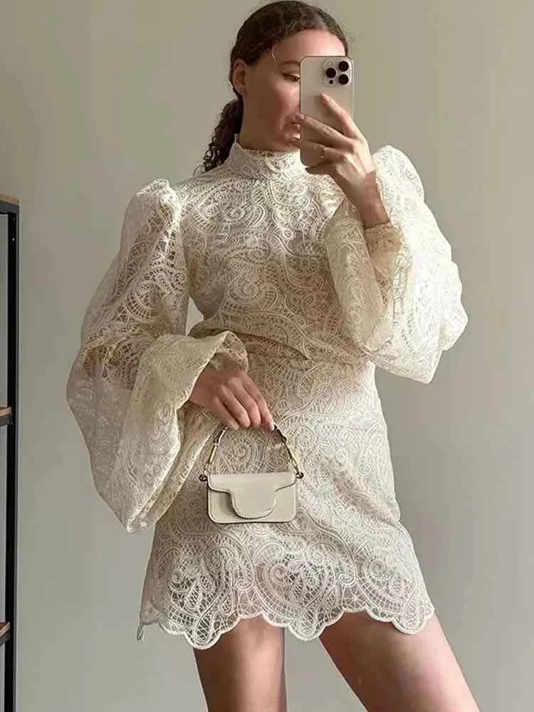 Lace Elegant Skirt Two Piece Set Women Turtleneck Hollow Out Lantern Sleeve Tops Irregular Hem Mini Skirt 2025 Chic Party Suit