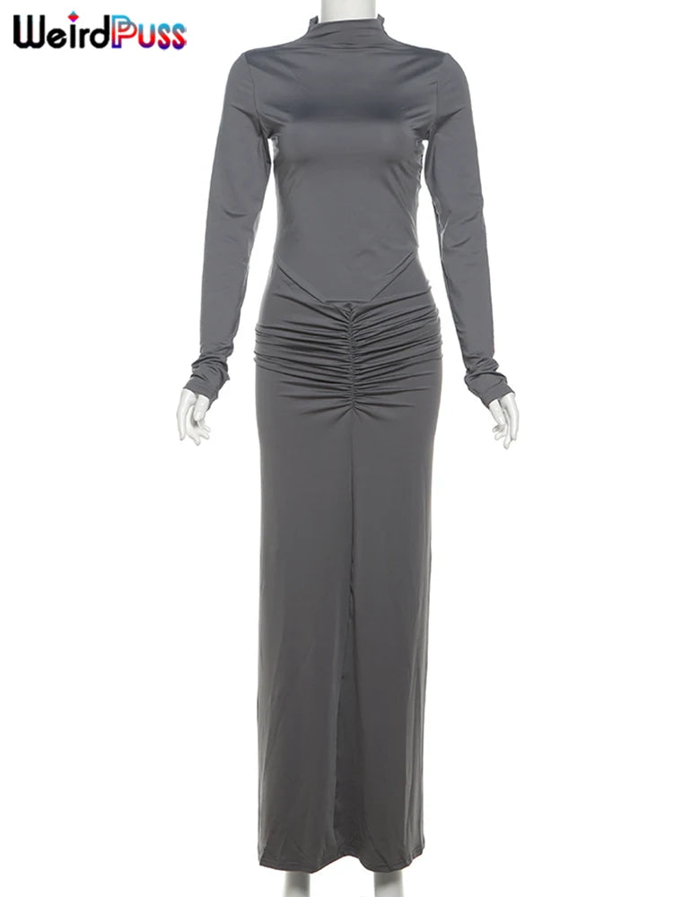 Weird Puss Hipster Ruched Dress Women o-NeckFull Sleeve  Skinny Stretch Robe Autumn Trend Simple Classic Pleats Long Bodycon