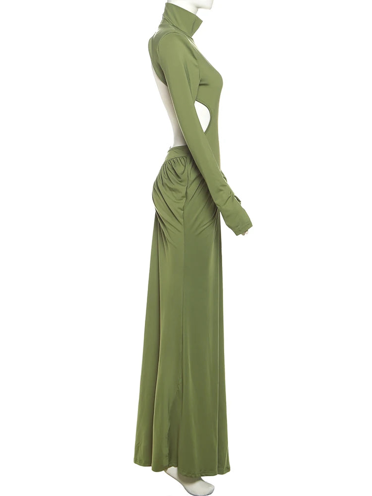 Weird Puss Backless Maxi Dress Women Shoulder Pads Long Sleeve Waistless Peach Buttocks Ruched Elegant Banquet Skinny Vestidos