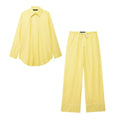 TRAFZA Blusa Listrada Amarela Feminina Calça Terno Camisa Solta Manga Longa Calças com Cordão