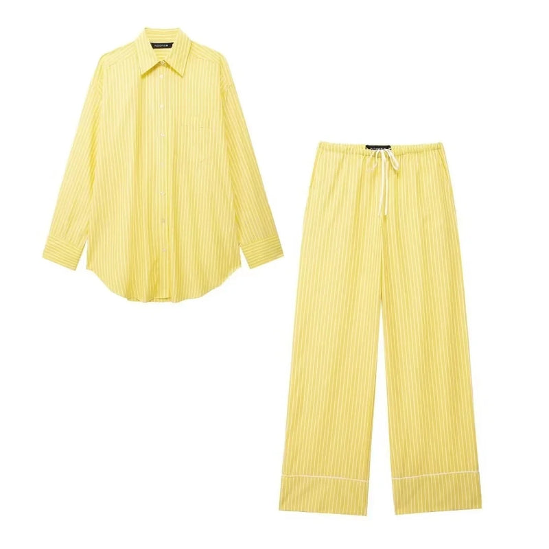 TRAFZA Blusa Listrada Amarela Feminina Calça Terno Camisa Solta Manga Longa Calças com Cordão