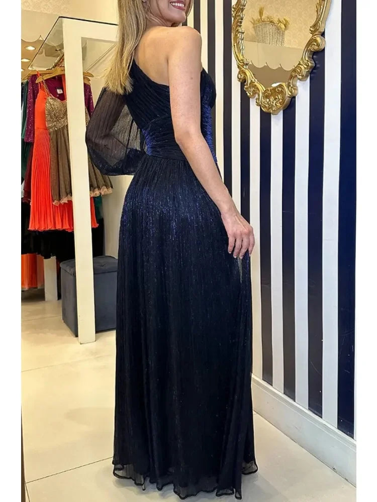 Women's Spring/Autumn Party Slant Shoulder Versatile Solid Color Elegant Dress Loose Casual Split Dress Waist Closing Dress