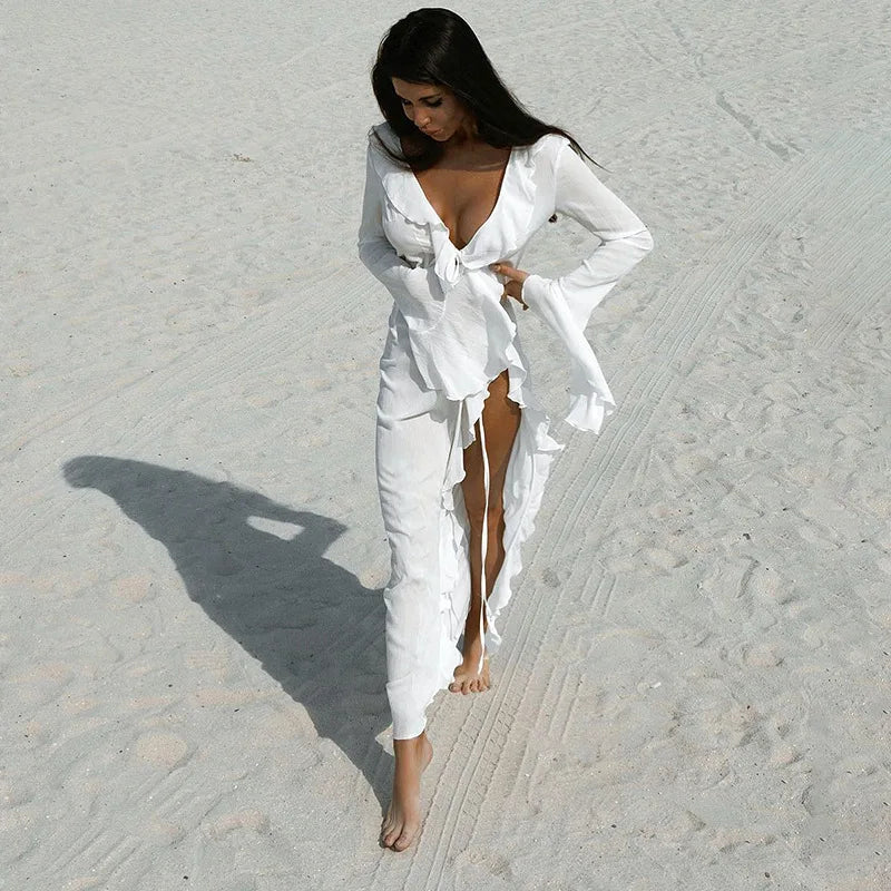 Vestido feminino com babados irregulares, decote em V chique, manga comprida, renda, vestido de praia para mulheres, saída de férias