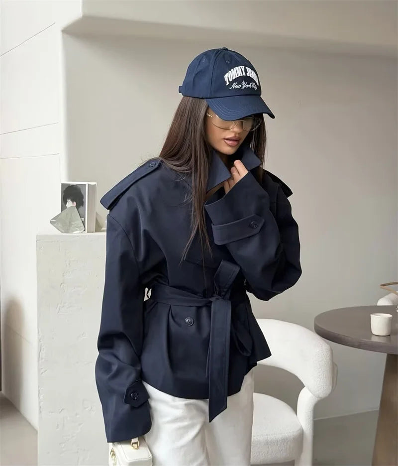 Women's Coat 2026 Spring New Style Solid Color Long Sleeve Belted Short Trench Coat European and American Personalized Fashion