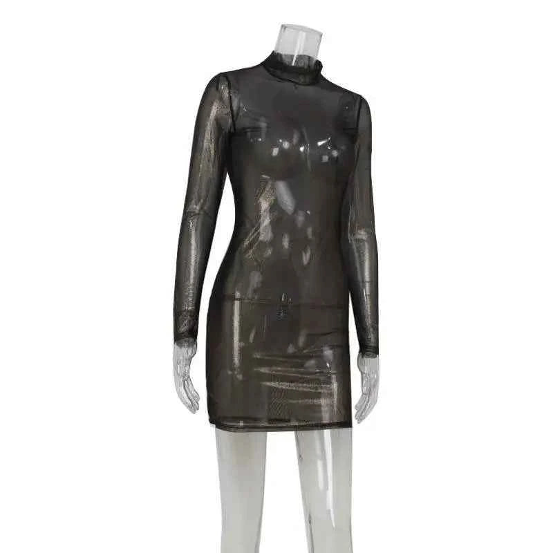 Mesh Dresses For Women Fashion Sexy Clubwear Long Sleeves Turtleneck Skinny See Through Hip Wrap Mini Vestidos Robes Female Fit