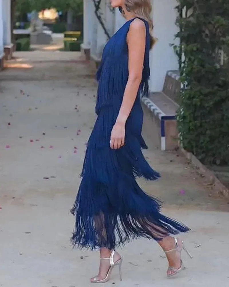 Elegant Asymmetric Slim Evening Dress Fashion Tassel Club Party Dress 2024 Lady Sexy Diagonal Collar Sleeveless Tank Long Dress
