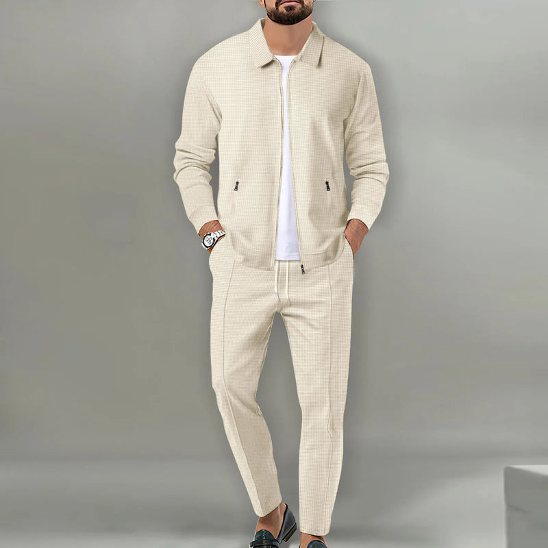 Casaco Outono Waffle Zíper Bolso Lapela Slim Cardigan Conjunto Jaqueta Masculina