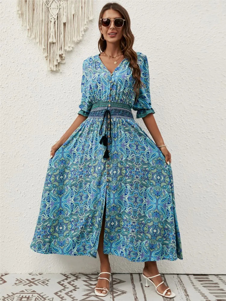 Vestido feminino de verão, novo, decote em V, mangas três quartos, manga lanterna, cintura, gravata, boêmio, viagem, férias, praia